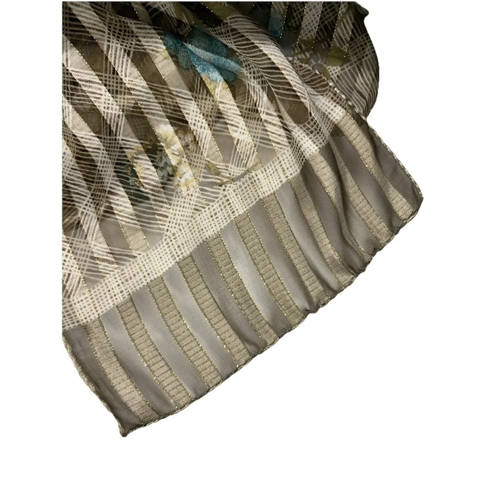 Women's Shimmer Scarf Brown & Taupe Plaid Gold Pinstripes Blue & Yellow Florals
